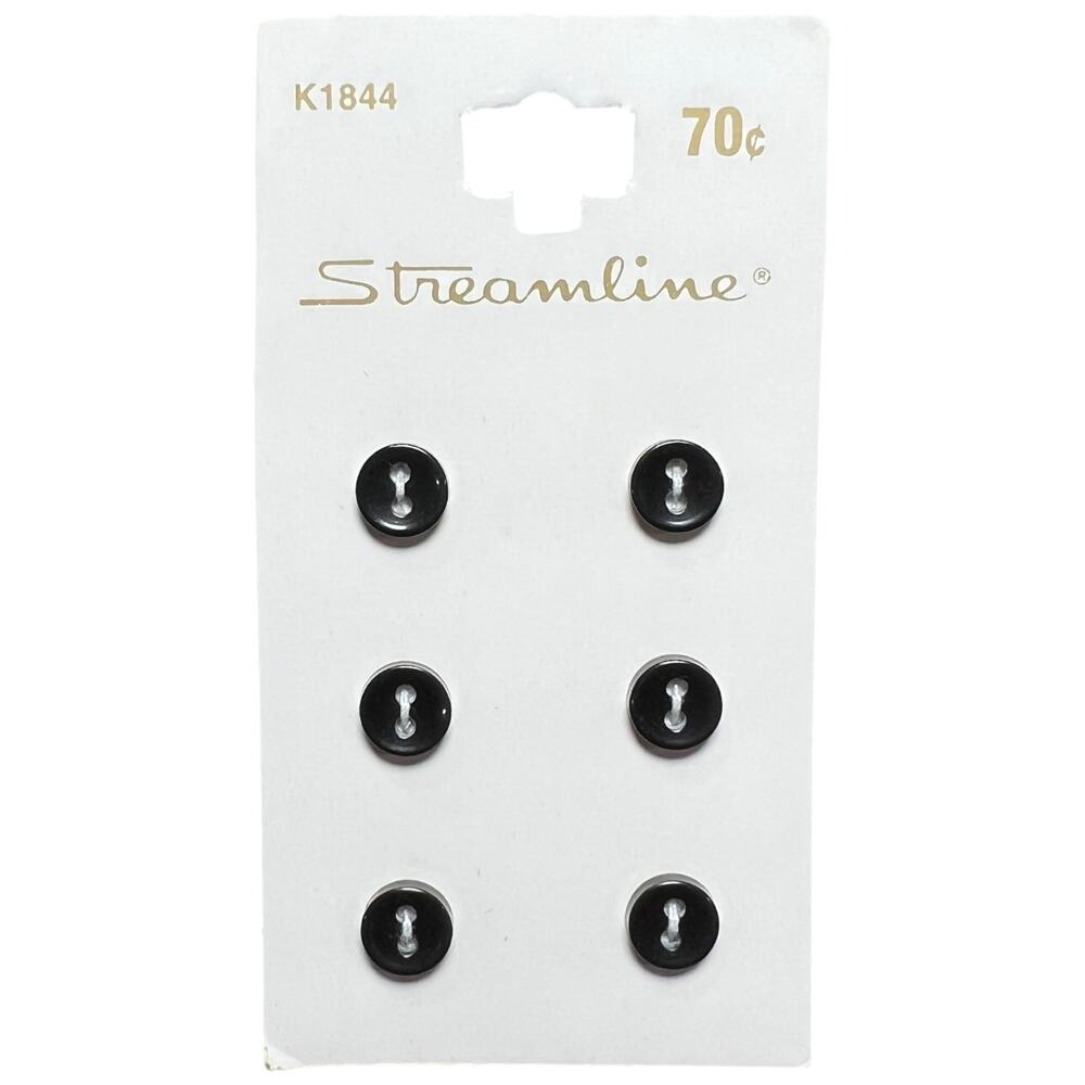 NOS Streamline Industries Black Round Buttons 6pc Vintage Notions